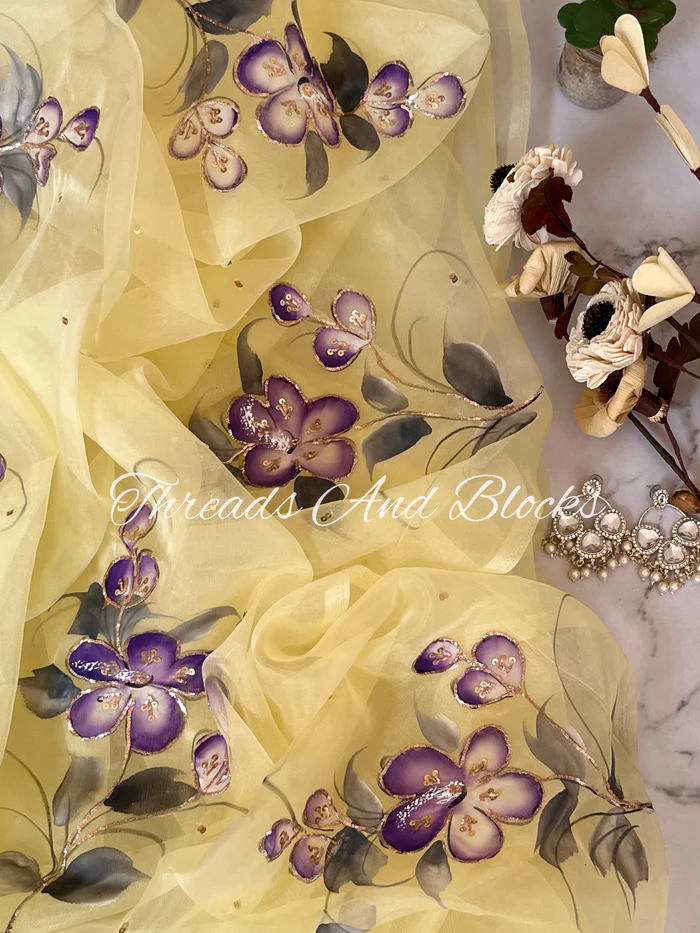Orchid Fields Hand Painted Organza Saree