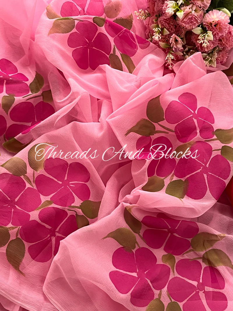 Pink Hibiscus Hand Painted Saree