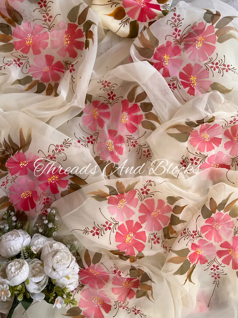 Pink Poppies Hand Painted Saree