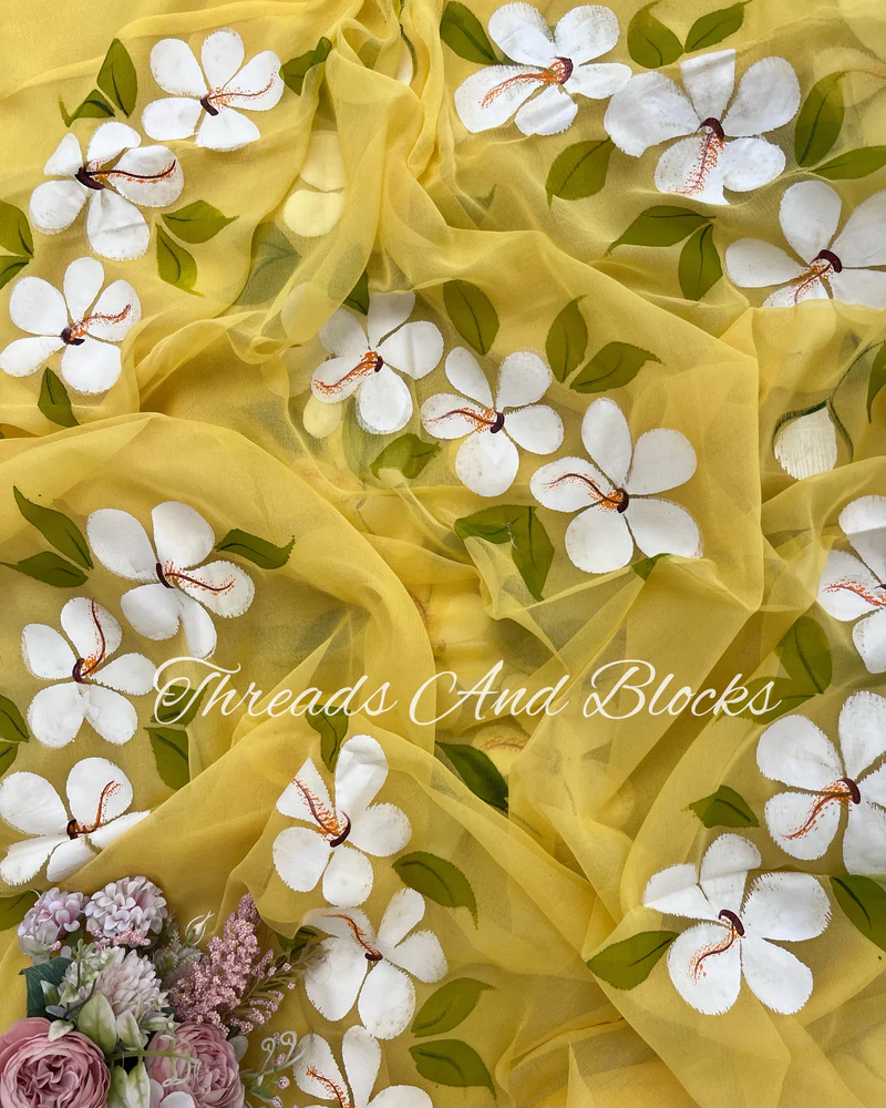 White Hibiscus Hand Painted Saree